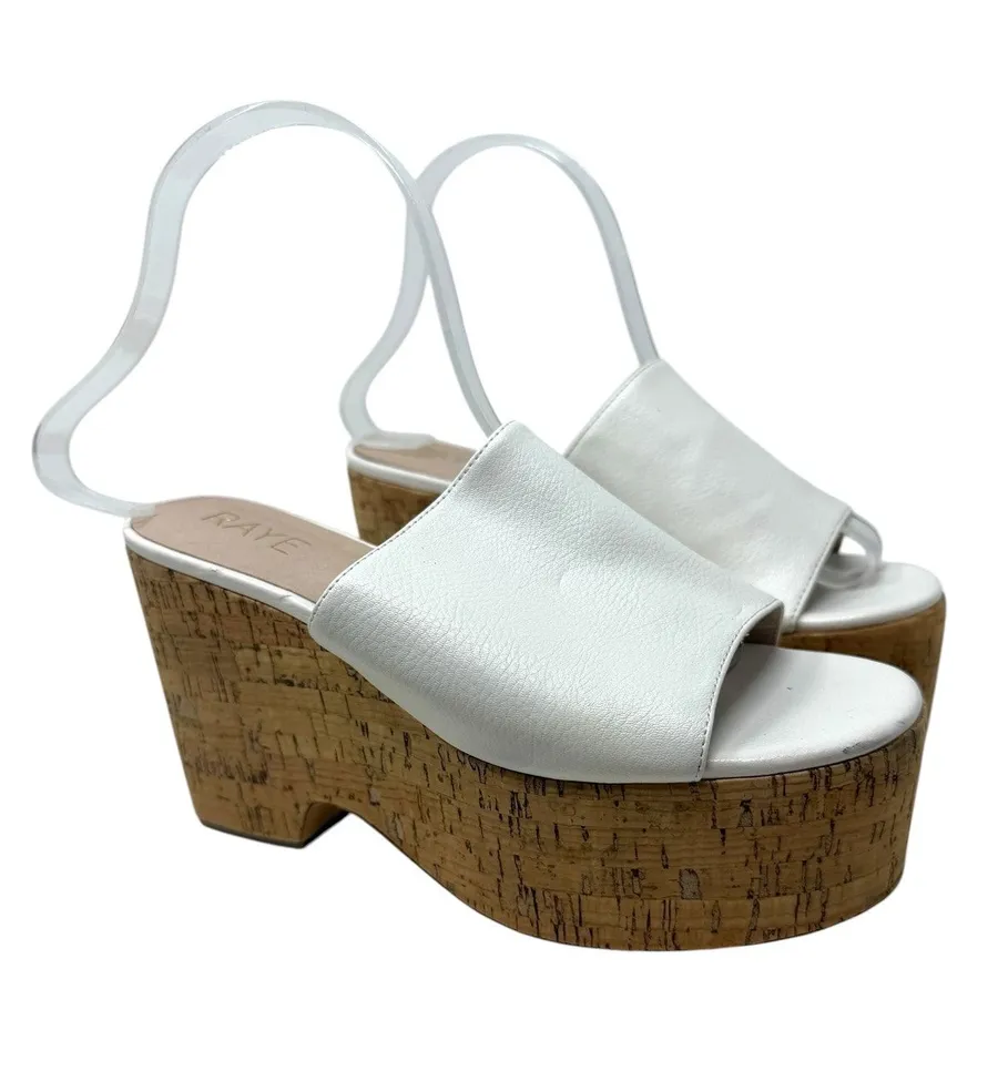 RAYE White Leather Cork Platform Sandals Chunky Block Heel Womens Size 7.5