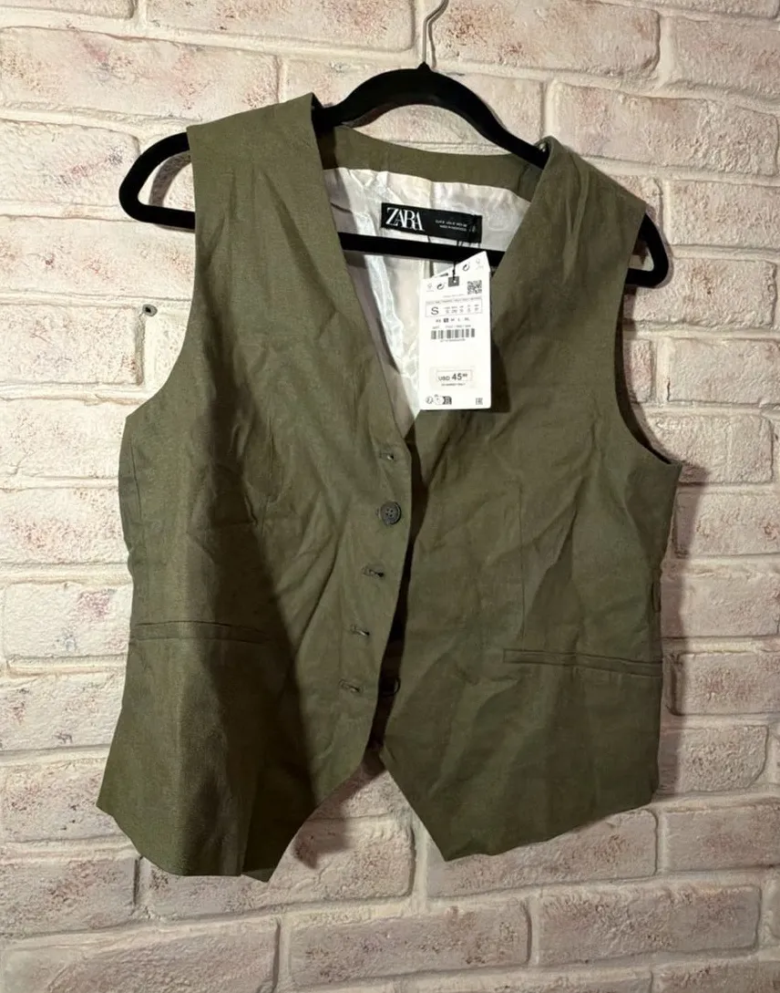 Zara Khaki Green Tailored Button-Up Waistcoat Vest Size S New with Tags