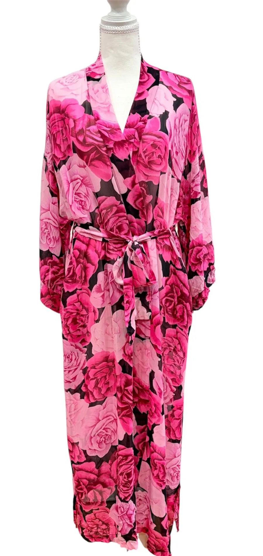 Vintage The Lingerie Collection Silk Rose Print Robe Petite Small Pink