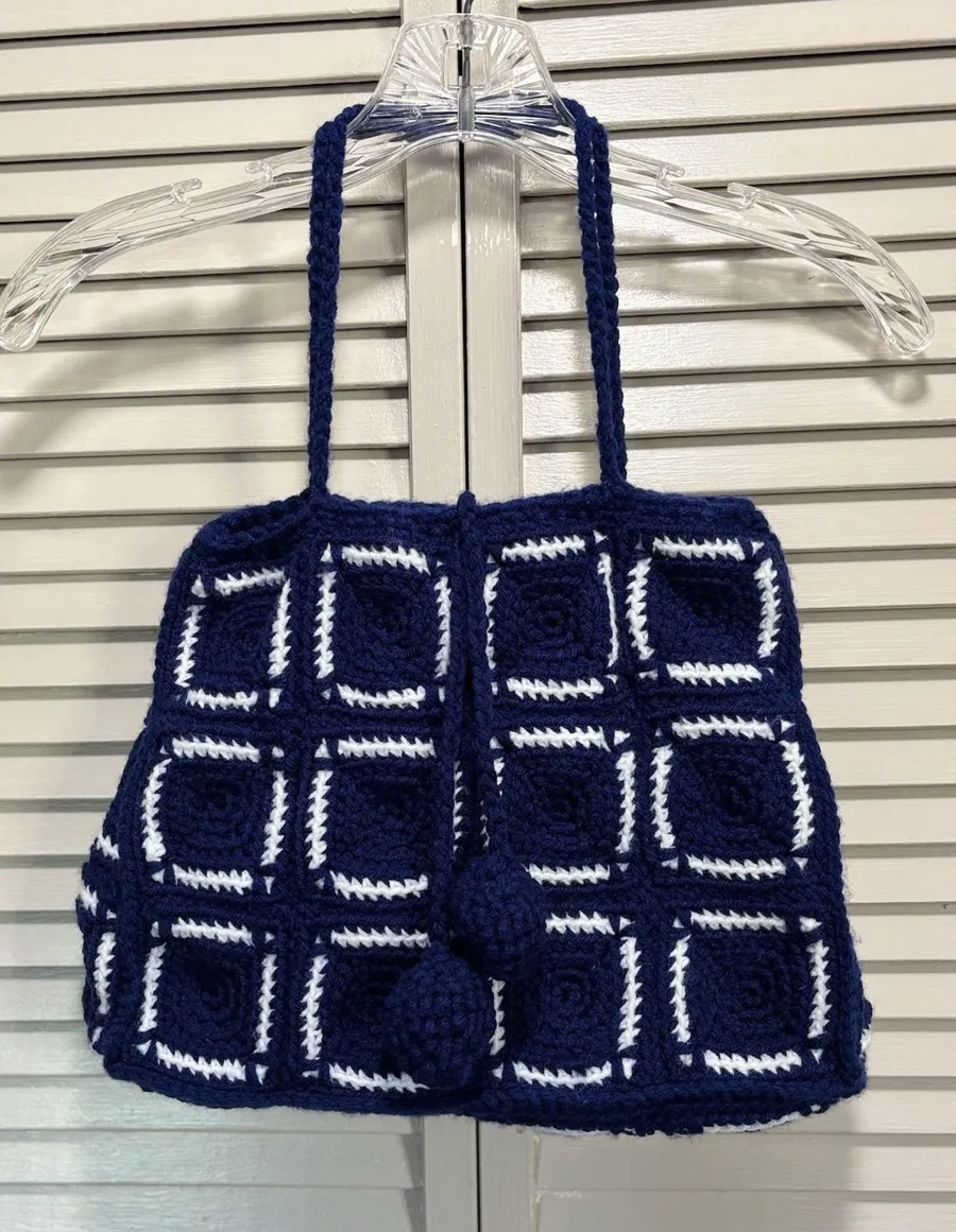 Granny Square Purse Blue/White Handmade Crocheted Medium Size No Lining/pockets Blue