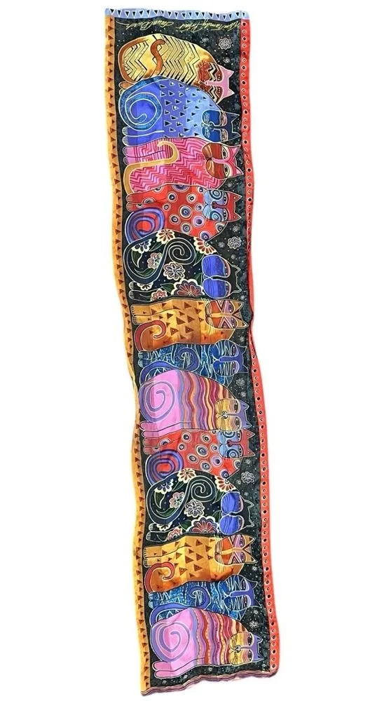 Vintage Laurel Burch Feline Family Portrait Cat Scarf 100% Silk Beaded Sequins Pink