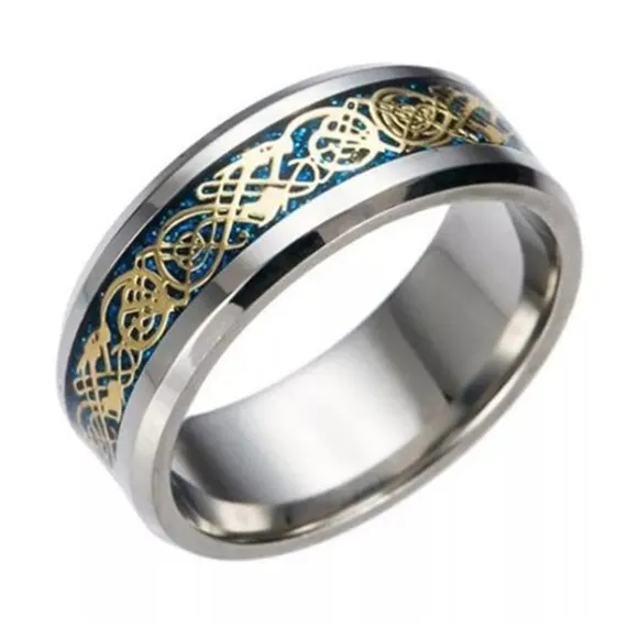 Blue Gold Dragon Silver Stainless Steel Ring