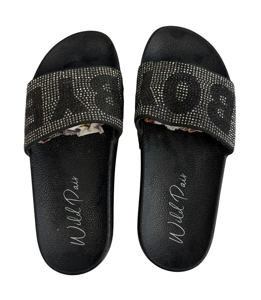 Black Rhinestone Embellished Slides Platform Sandals Women 6 Festival Beaded