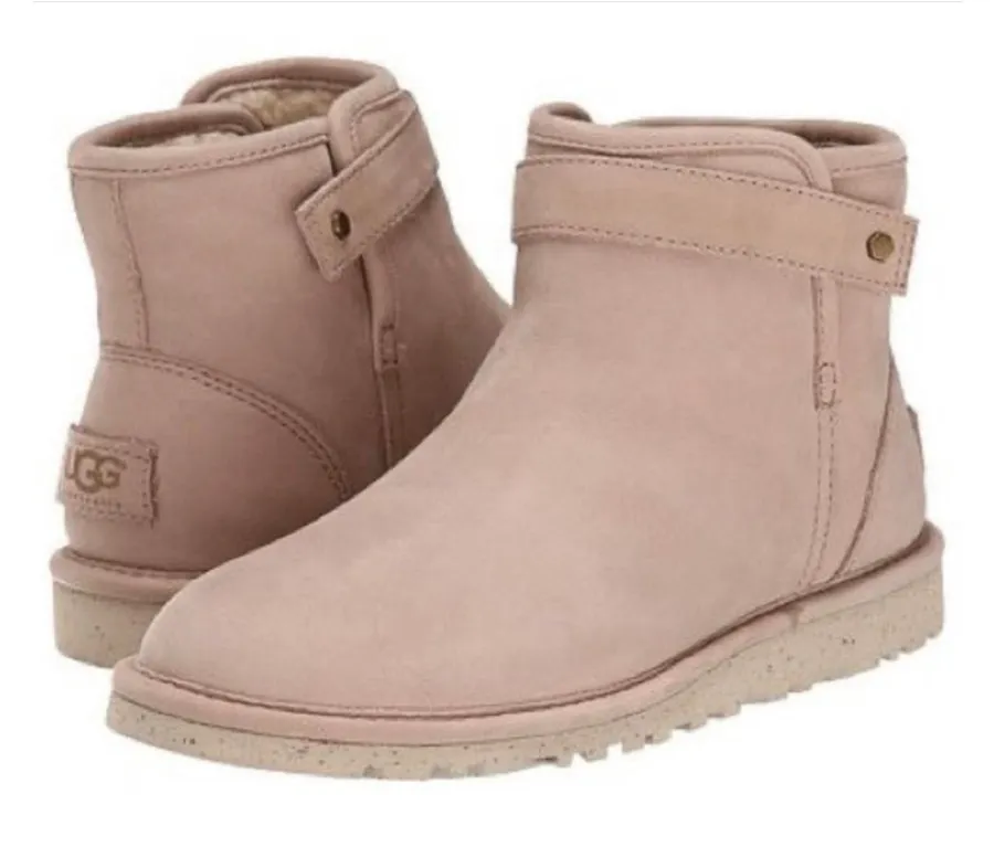 Ugg Sz 6 Boots Rella Beige Suede Shearling Lined Ankle Short Booties Snap Strap
