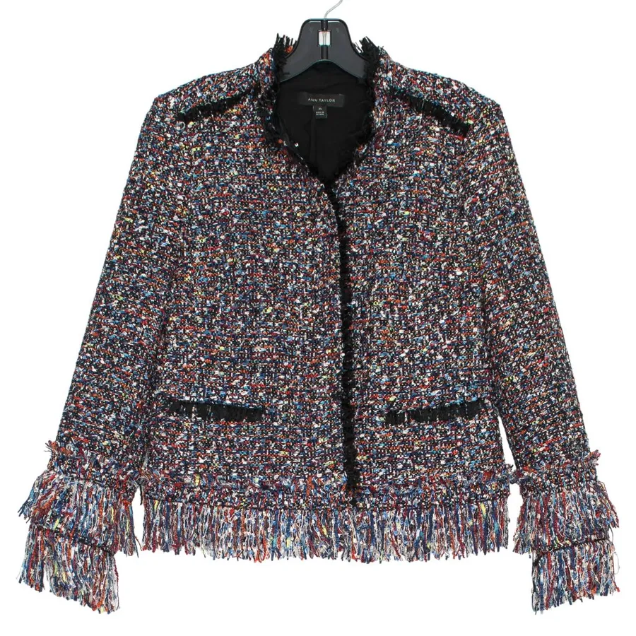 Ann Taylor Jacket Boucle Tweed Fiesta Fringe Preppy Workwear Statement Office XS