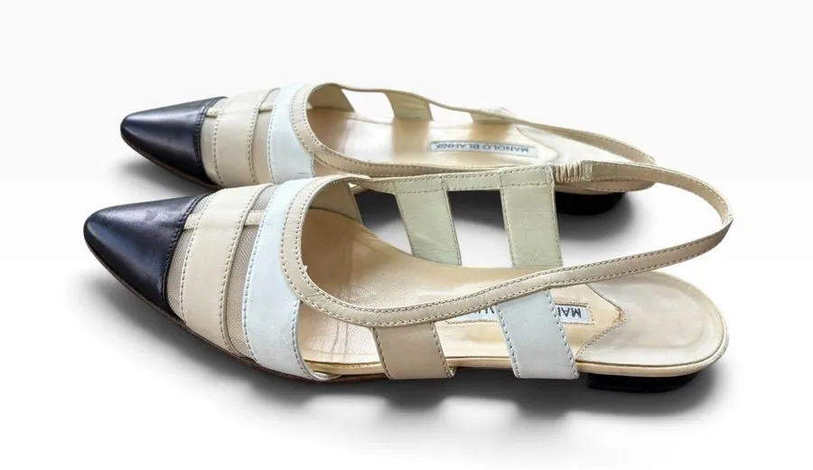 Y2K Manolo Blahnik Slingback Flats Cream White Black Cap Toe Mesh Leather IT 37