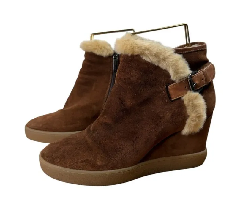 Aquatalia Cameron Brown Suede Shearling Trim Wedge Booties Sz. 9 1/2