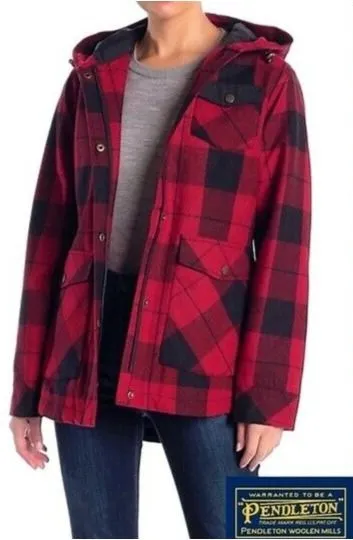 Pendleton Alta Plaid Hooded Wool Blend Coat Womens Small Petite Zip Snap Pocket
