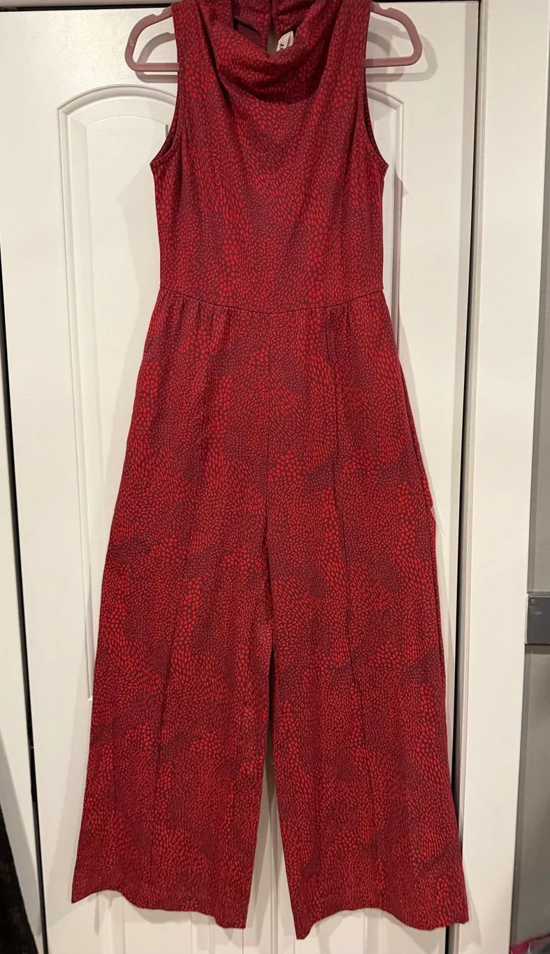 Pact Sleeveless Red Patterned Wide-Leg Jumpsuit small