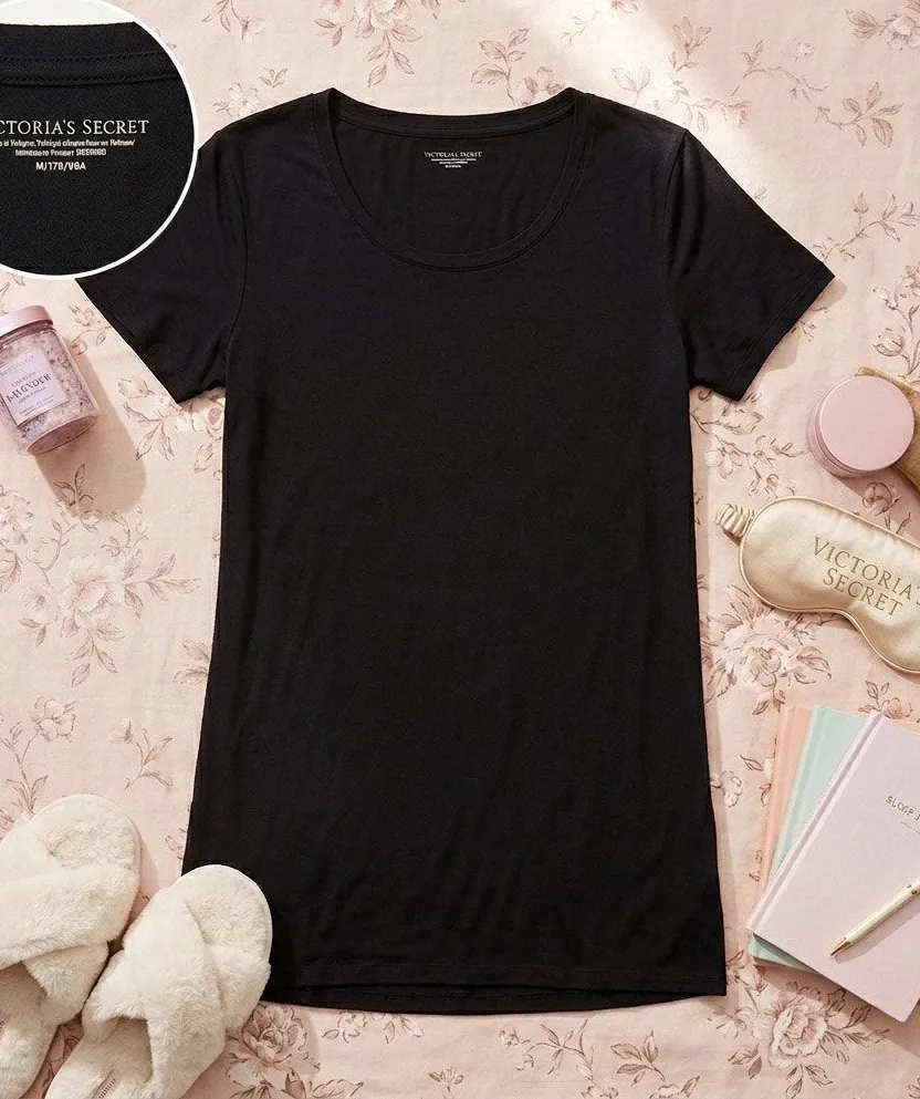 Victoria's Secret Black Short Sleeve Night Shirt with Lace Trim, Medium