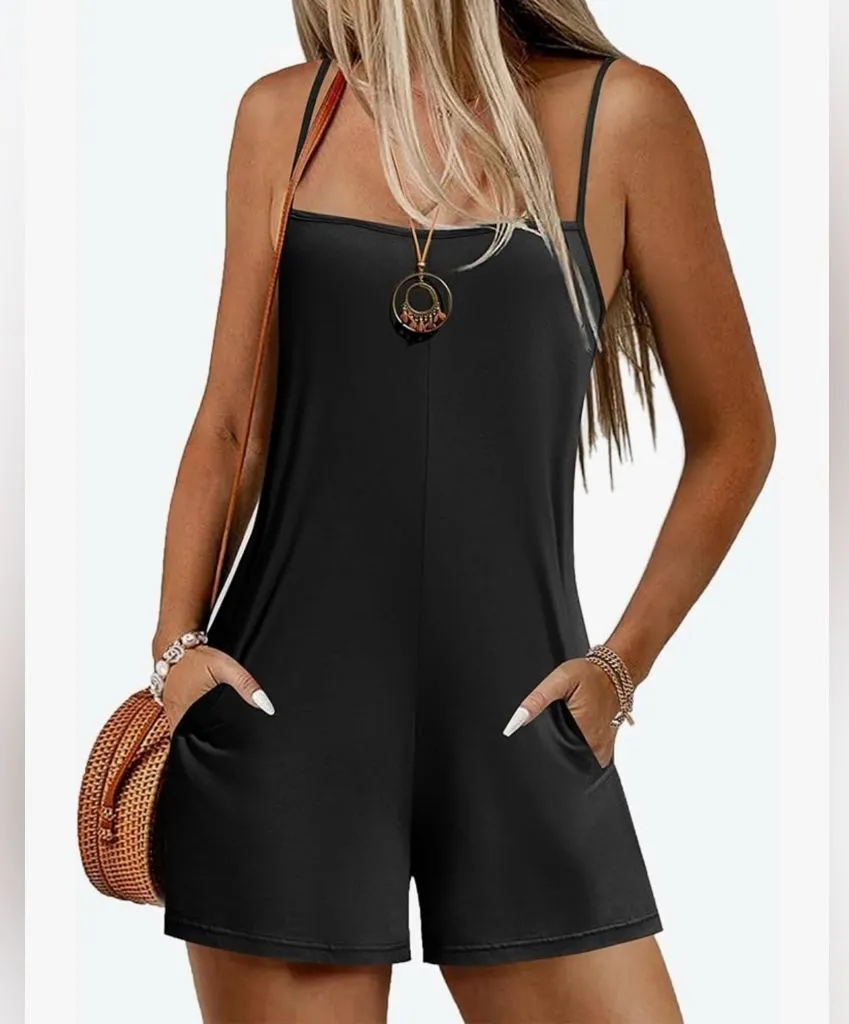 NEW Black Ekouaer Casual Spaghetti Strap Shorts Overalls Rompers Pockets 2X