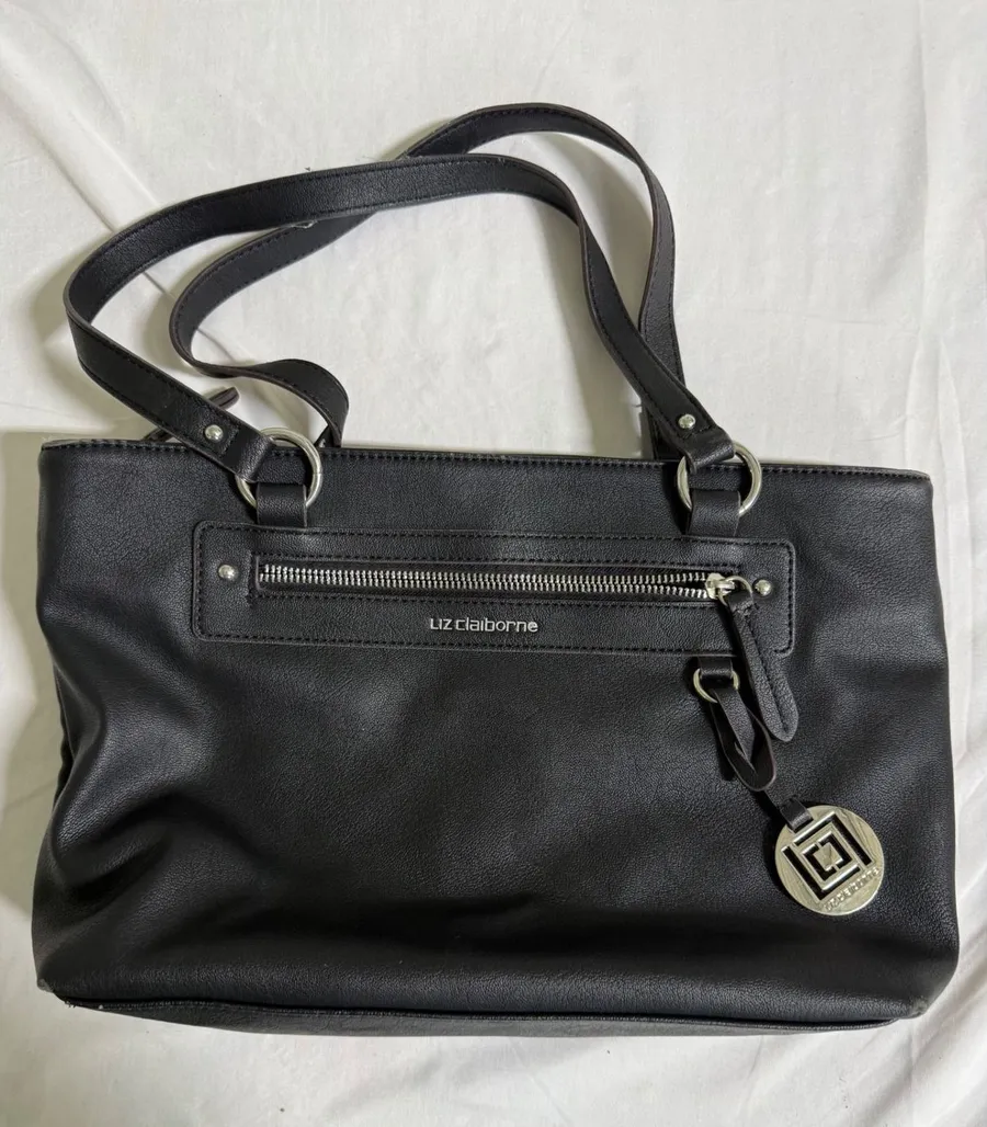 Liz Claiborne Black Pebbled Faux Leather Shoulder Bag Tote Silver Hardware