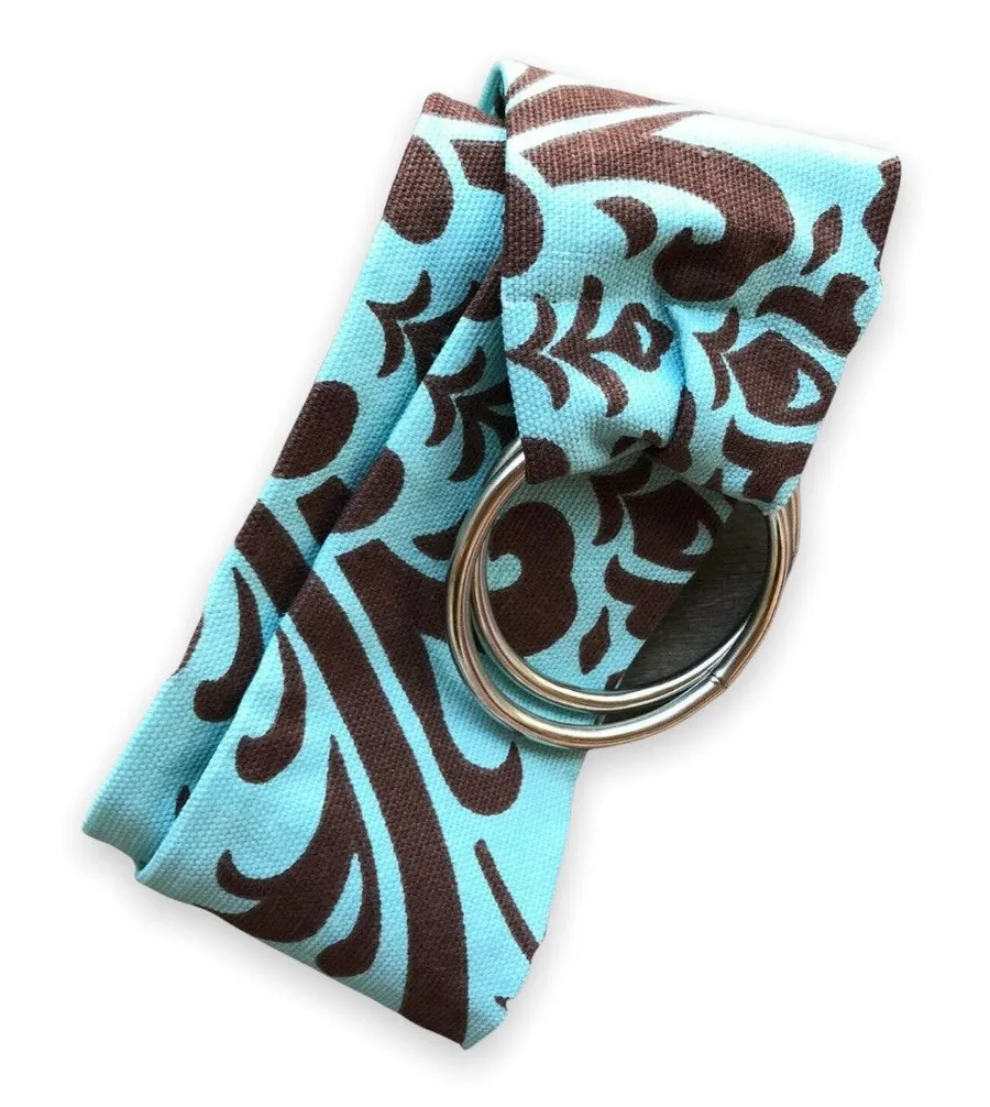 Womens Belt Brown Blue Damask Wide Fabric Round Rings NEW