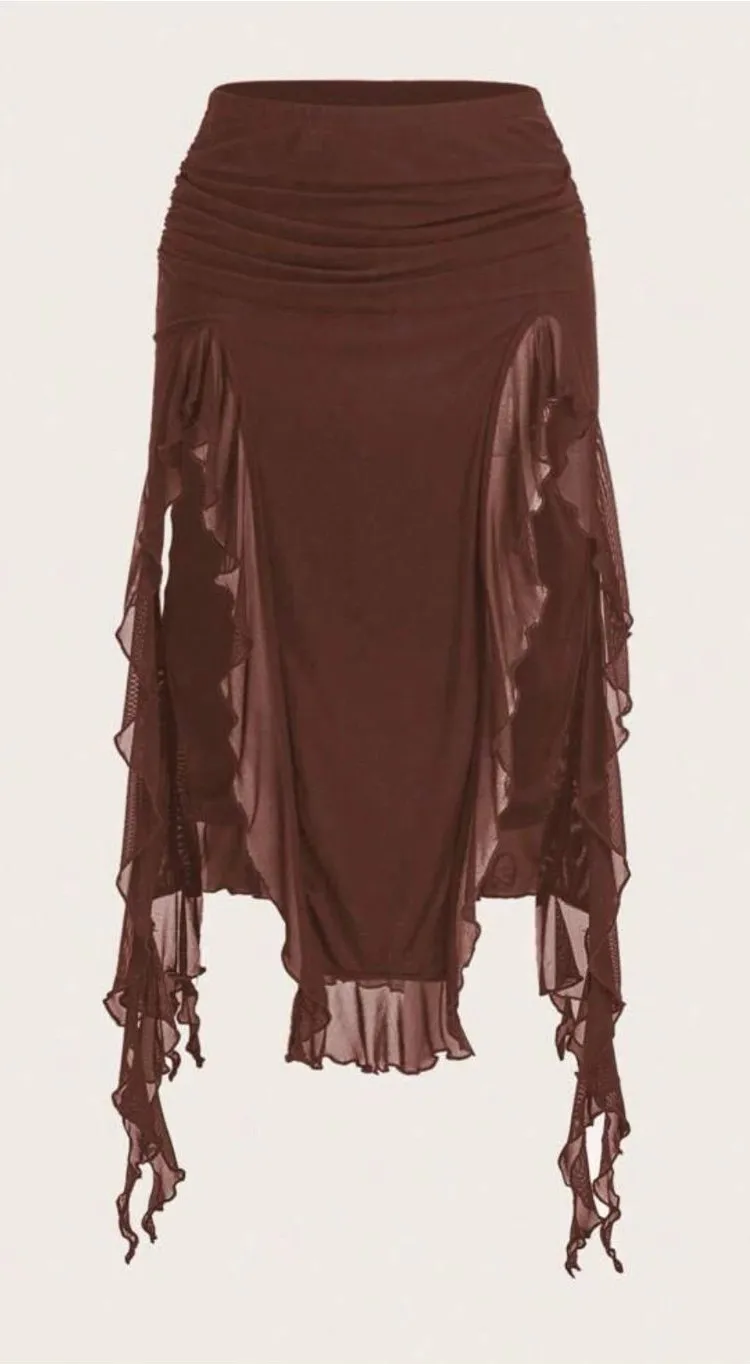 Brown Draped Ruffle Midi Skirt Size M