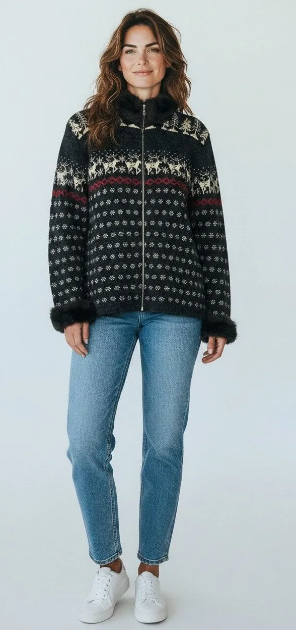 Skyr Wool Nordic Fair Isle Ski Cardigan Sweater Fur Trim M Apres Ski Cabincore Gray Size M