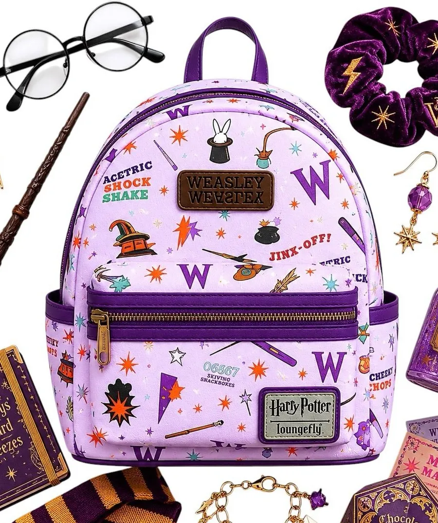 Loungefly Harry Potter Weasleys Wizard Wheezes Mini Backpack Purple Rare 11x10”