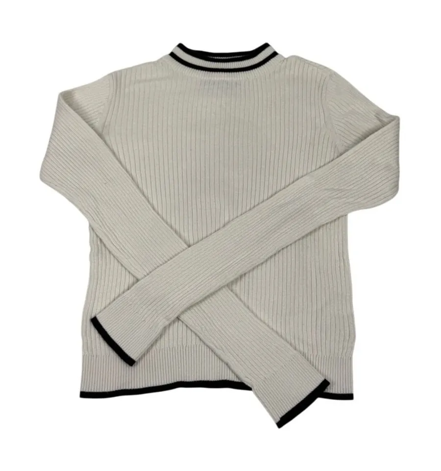 Aeropostale Ribbed Sweater Cream Black Trim Cropped Preppy Minimalist Size L