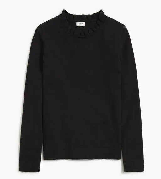 J.Crew Black Ruffleneck Long Sleeve Crewneck Pullover Sweater Size Small