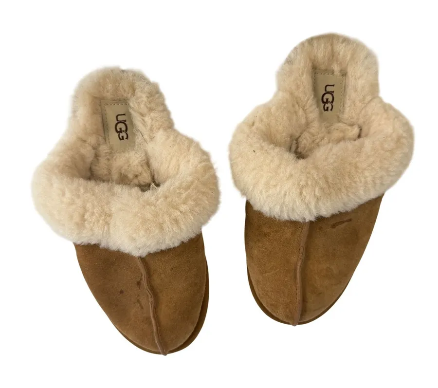 UGG Women Sheepskin Shearling Lined Slippers Slides Tan Size 6 EU 37