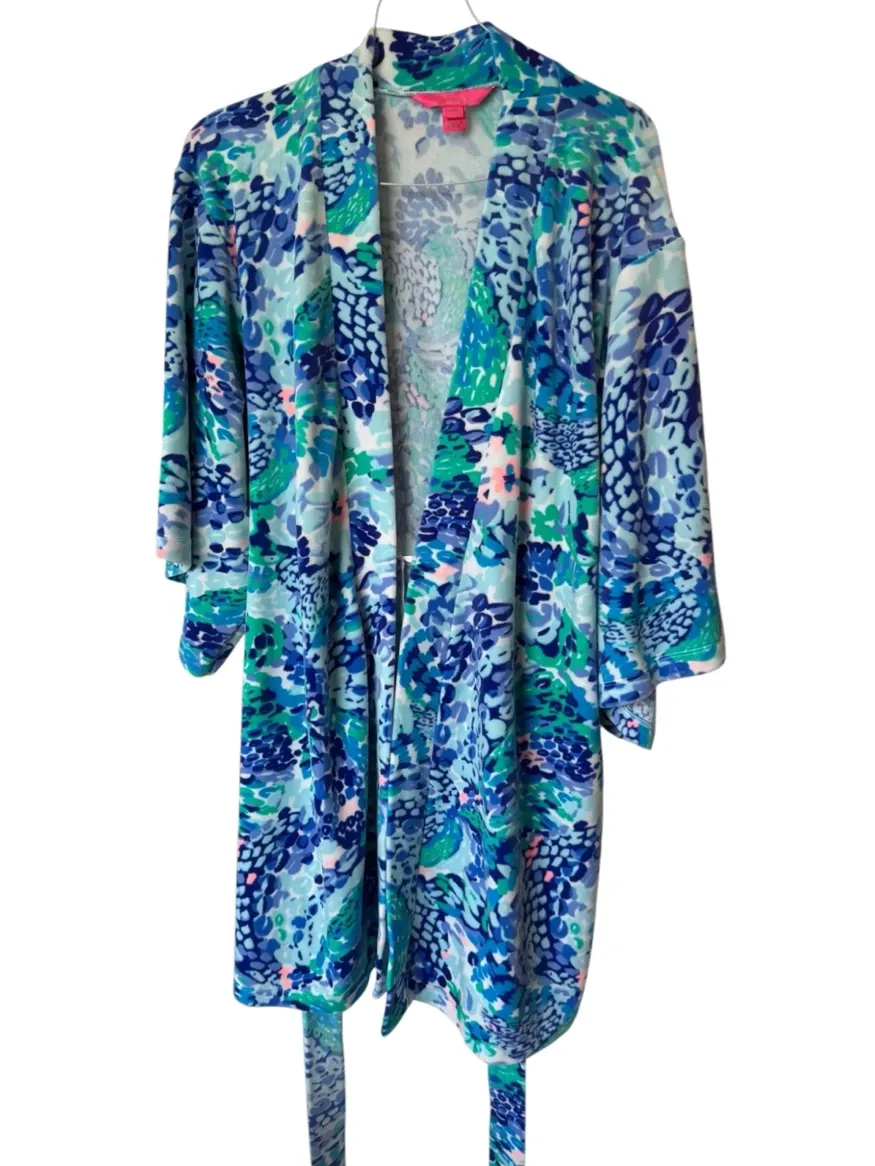 Lilly Pulitzer Elaine Velour Belted Bathrobe Ocean Commotion Blue Medium