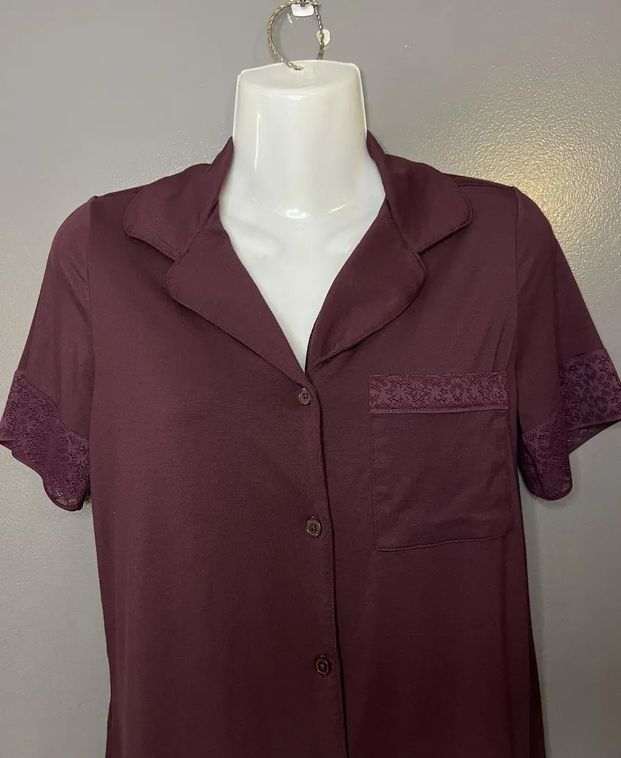Tommy John Pajama Top Womens XS Red Button Front Lace Short Sleeve Sleep Shirt