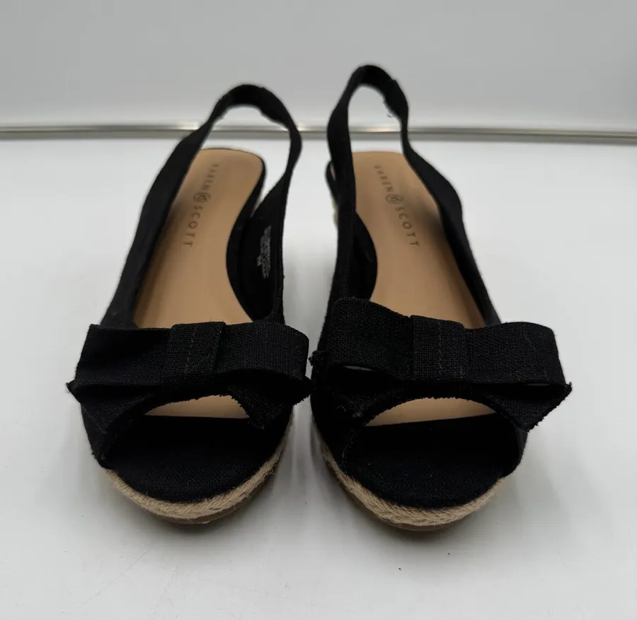 Karen Scott Alloraa Black Canvas Bow Slingback Espadrille Wedge Sandals Size 7M