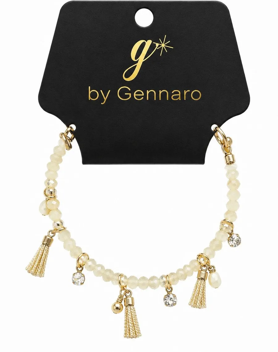 g by Gennaro NWT Ivory Beaded Charm Bracelet Gold Tone Tassel Adjustable White