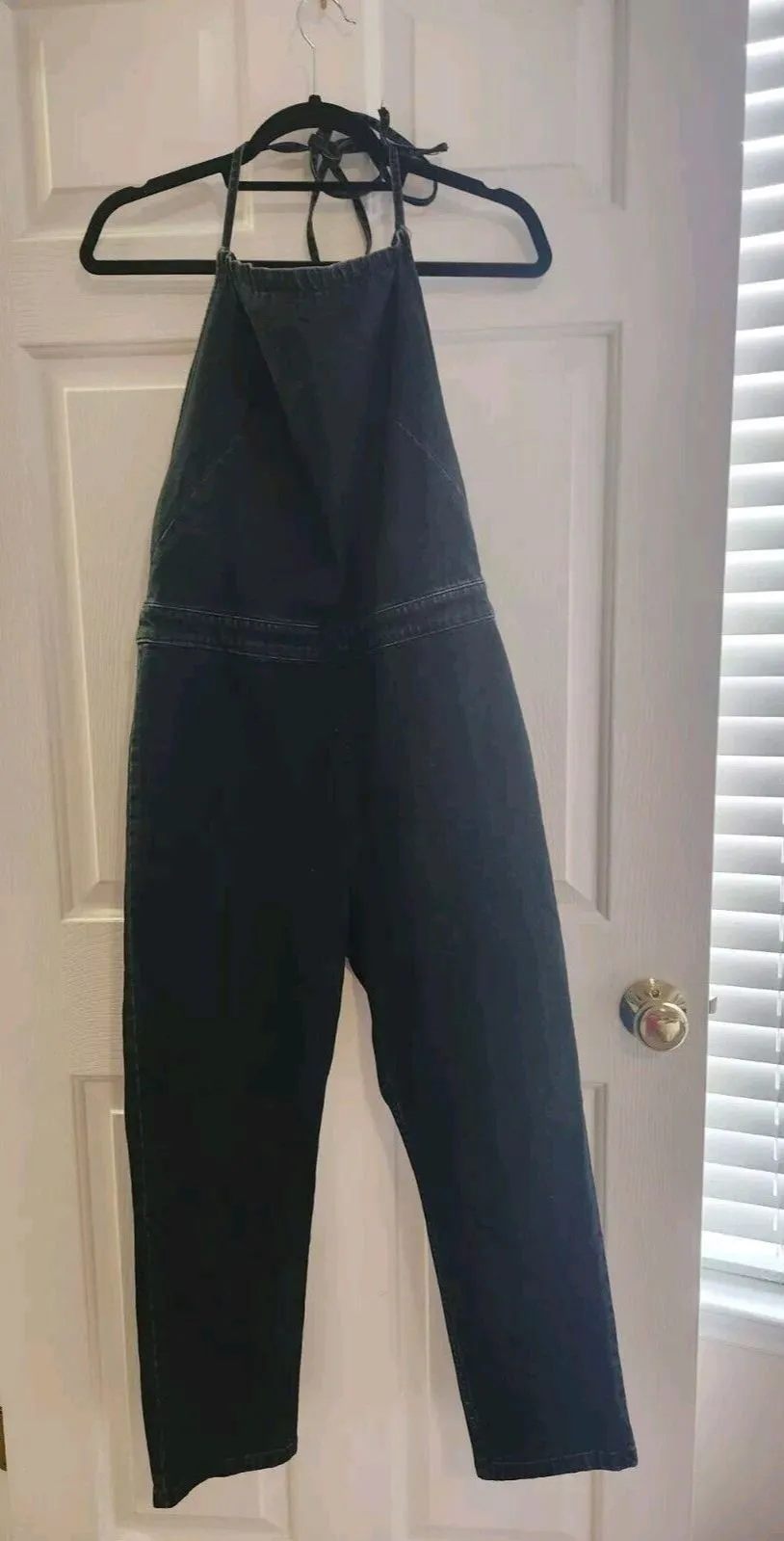 Free People Overalls Women Size 12 Dark-wash Denim Halterall Overall Side Zip