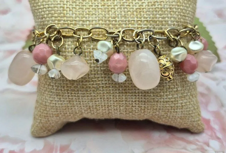 Premier Designs Dangle Charm Bead Bracelet Pink & White Accents Gold-Tone Chain