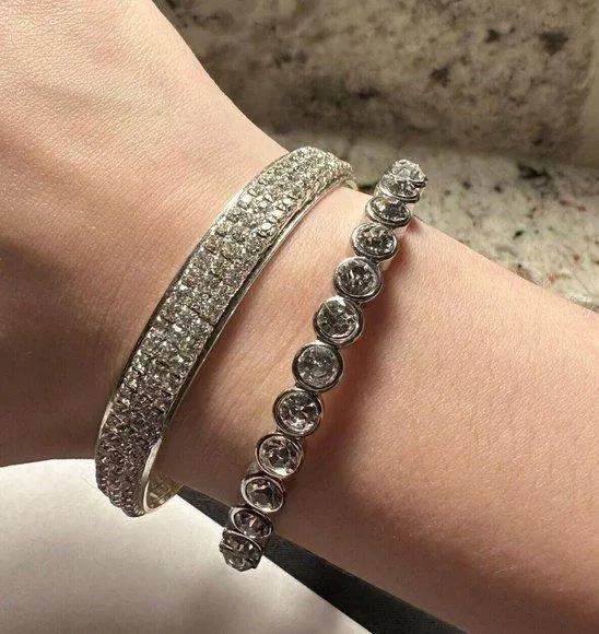 Lot Of 2 Silver Tone & Rhinestone Bangle / Cuff Bracelet 7 3/4 Inch