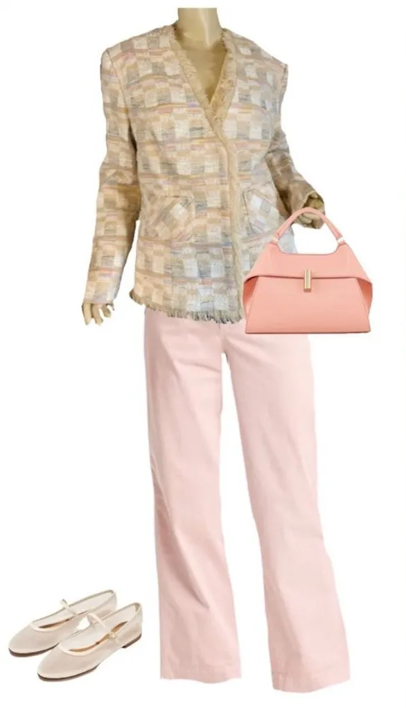 NEWPORT NEWS "EASY STYLE" CREAM, TAN, BLUE & PINK PASTEL FRINGE BLAZER (12)