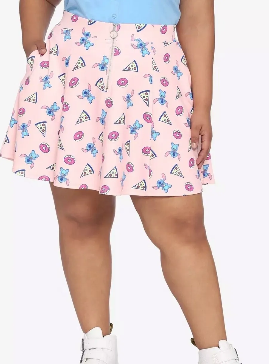 Disney Hot Topic Stitch Pizza Donut Pink Skater Skirt Pockets Plus Size 2 NEW
