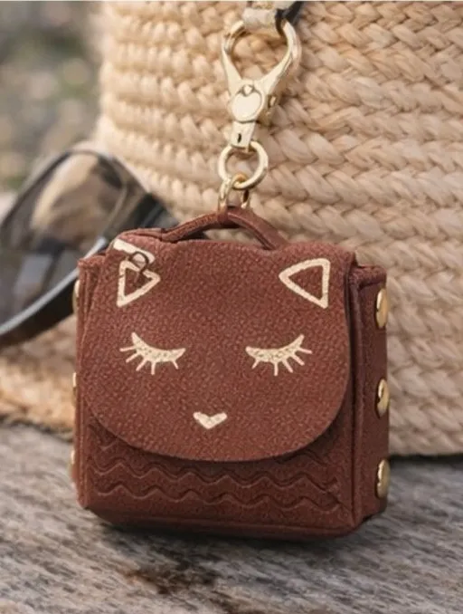 NEW Leather Kitty Coin Pouch & Earbud Case – Gold Hardware / Brown NWT