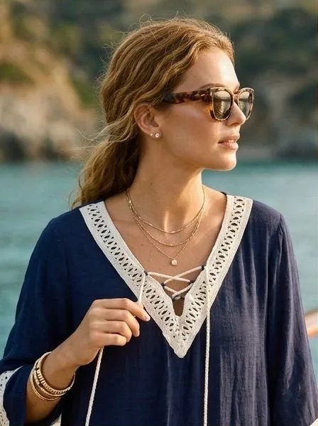 Entro Navy Blue Boho Lace Up Tunic Blouse Crochet Trim Peasant Top Large
