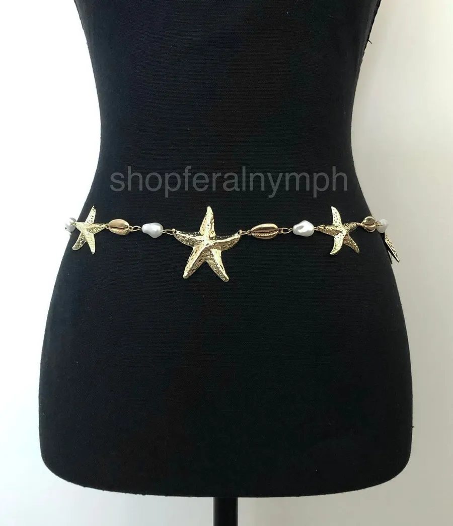 Y2K Mermaidcore Gold Starfish Shell Chain Belt, Fits 24–38 Inches, X7GA1157