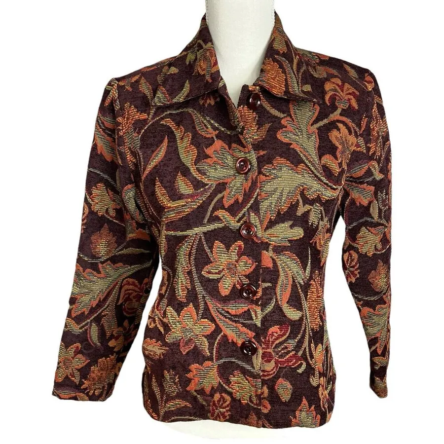 Chadwick's Vintage Size 4P Petite Tapestry Blazer Jacket Floral Print Button Up Brown