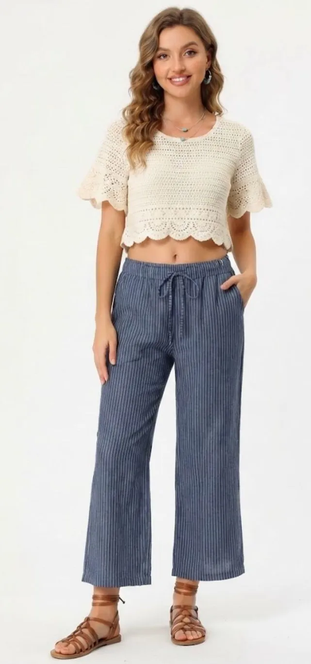 Women’s Blue & White Striped Linen Blend Wide Leg Pants Drawstring Lounge Size L Size L