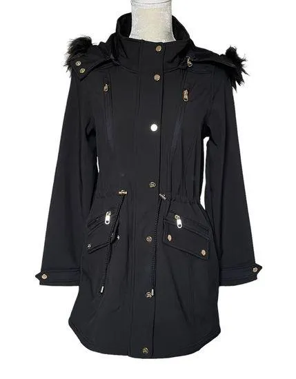 Steve Madden Women’s Black Parka Anorak Hooded Jacket Size M Faux Fur Trim