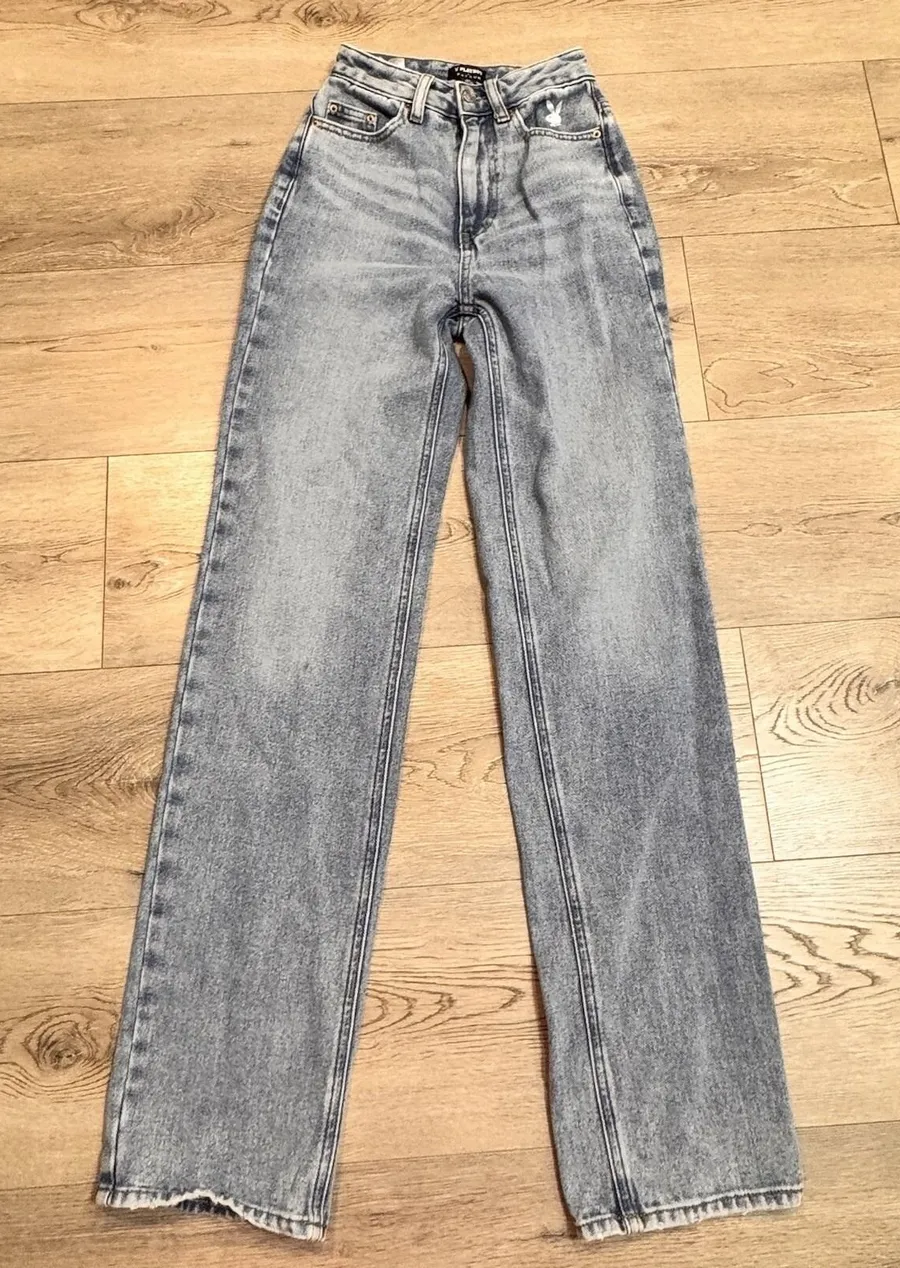 Pacsun Playboy Jeans Womens 22 Blue Denim Straight High Rise Rainbow Bunny