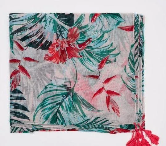 NWT Tropical Leaves Flowers Pattern Scarf