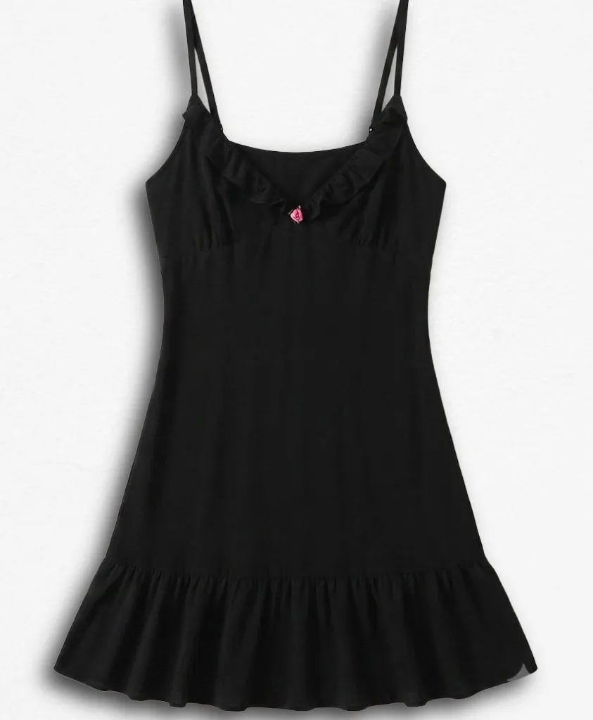 Jenni by Jennifer Moore Black Ruffle Cami Nightgown Pink Rosebud Accent Large