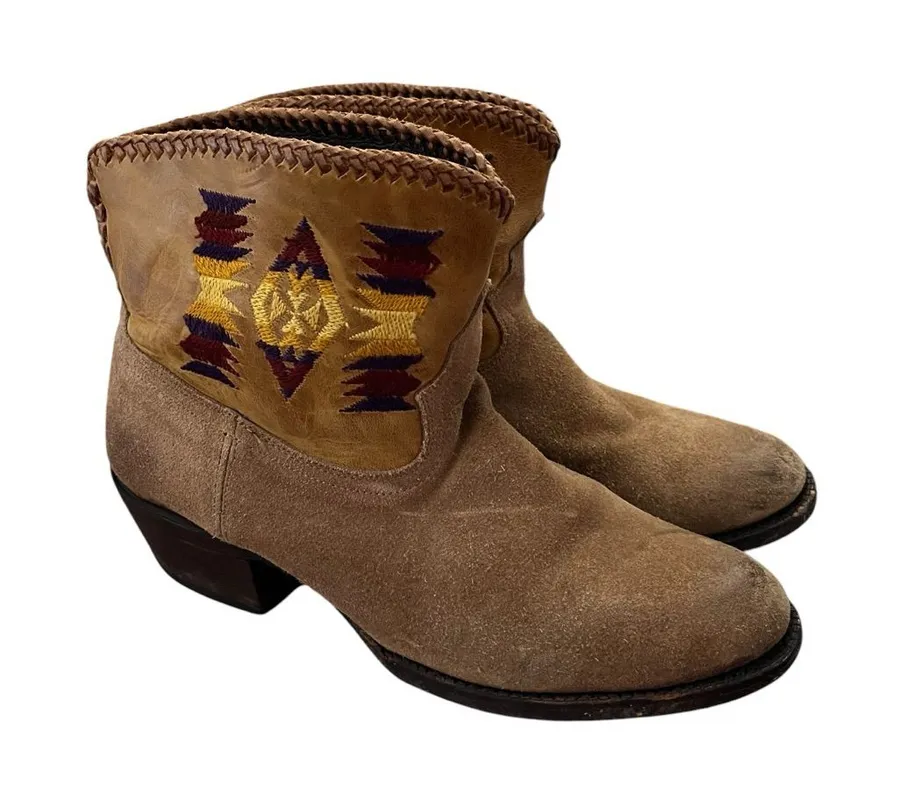 Vintage Caborca Suede Western Ankle Boots Embroidered Southwestern Leather 9 Tan