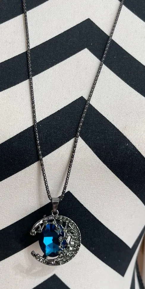 Beautiful Royal Blue Crescent Moon Necklace Goth Whimsical Gypsy Whimsigoth