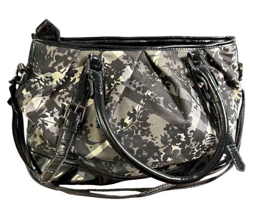 Floral Plaid Check Satchel Bag Black White Patent Trim Purse Tote Crossbody