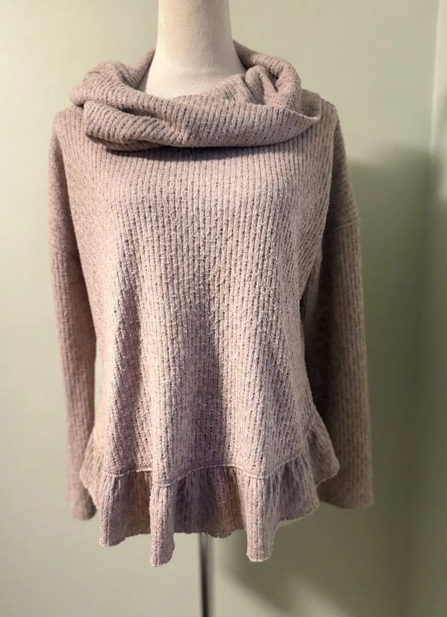 Maeve by Anthropologie Cowl Neck Cozy Ruffle Knit Tan Boho Sweater Size Small