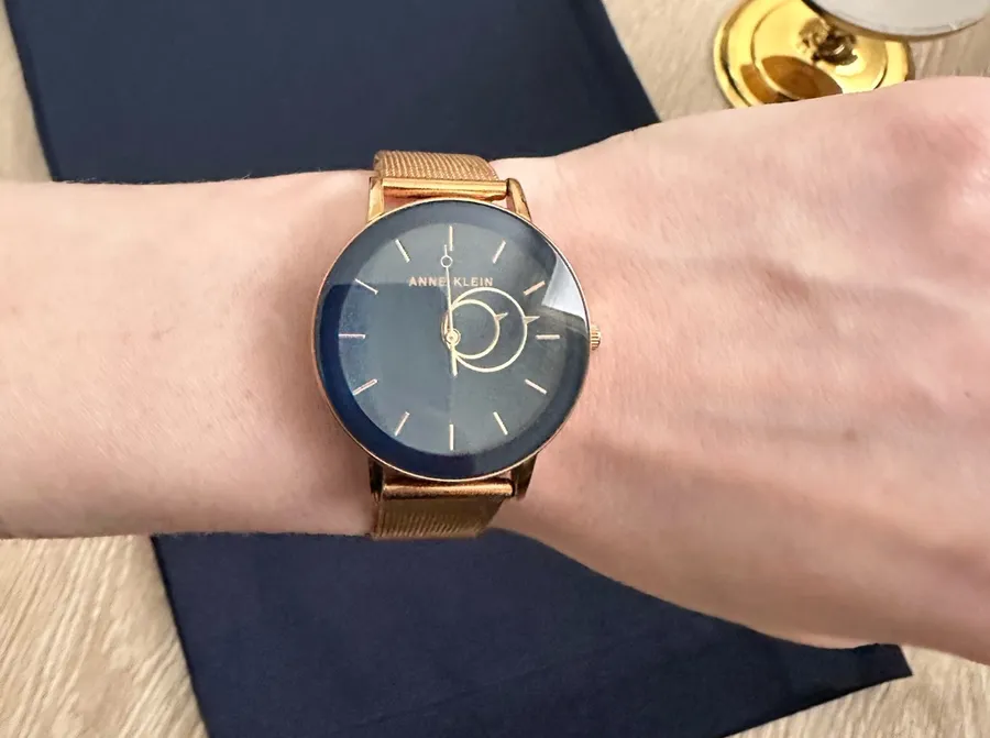 Anne Klein Women’s Gold Mesh Quartz Watch with Navy Blue Dial – Model AK/3430
