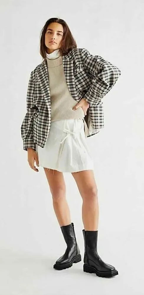 Free People Luminary Plaid Flannel Oversized Blazer Neutral Tan Small