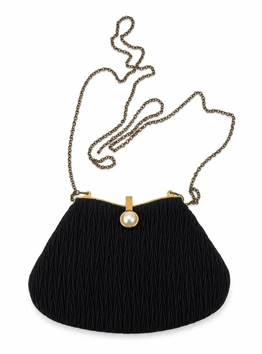 Vintage La Regale Black Pleated Evening Clutch Bag Pearl Clasp Gold Chain Strap