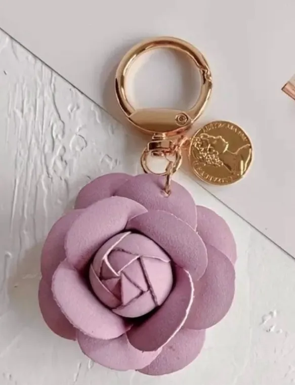 NEW Camellia Rose Bag Charm Keychain Dusty Pink Vegan Leather Floral Charm NWT