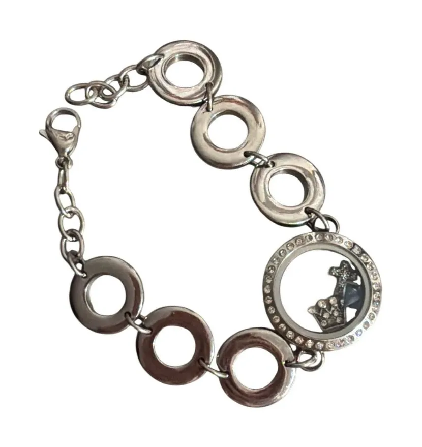 Silver Tone Circle Link Bracelet Rhinestone Crown Charm Pendant Cross Crown Adj